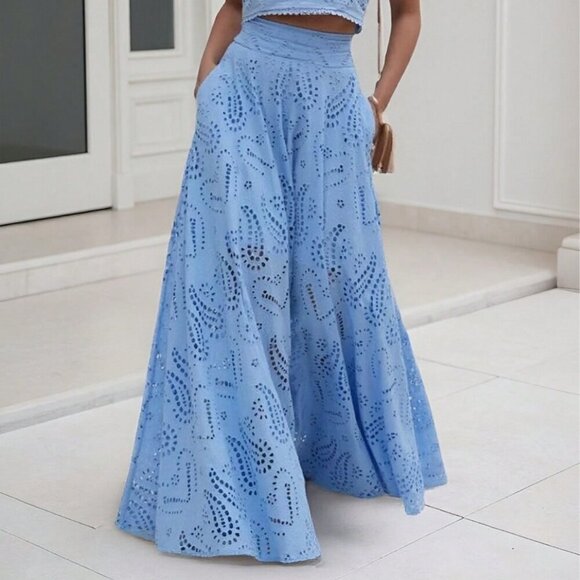 Blue Elegant Women's Floral Hollow Out Full Embroidery A-Line Maxi Skirt - Picture 4 of 11
